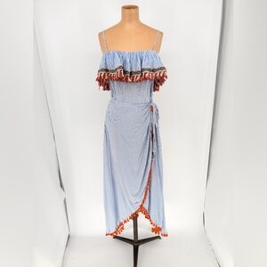 Letarte Handmade Blue Striped Maxi Wrap Dress Tassel Beachy Womens Medium